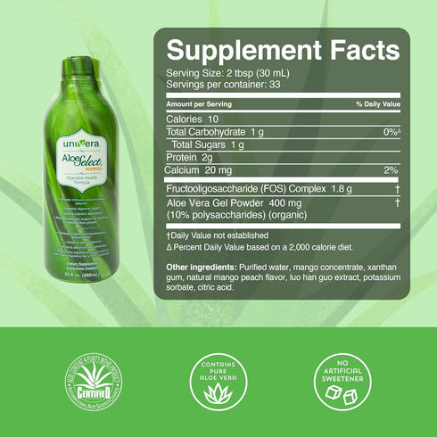 Univera Organic Aloe Vera Juice - Digestive Enzymes for Gut Health, Immune Support, Mango Flavor, 30 Day Supply