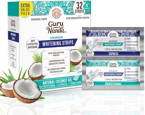 GuruNanda Teeth Whitening Strips, 16 Day Treatments, Enamel-Safe for Sensitive Teeth, Non-Slip Dry Strip Technology