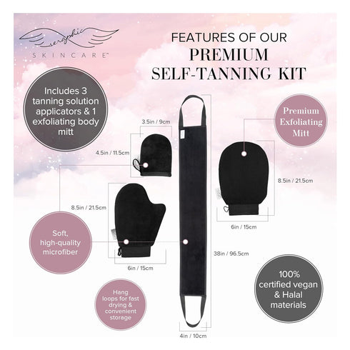 Seraphic Skincare 4-Piece Self Tanner Kit - Includes Premium Exfoliating Mitts and Applicator Belt for Perfect Tan