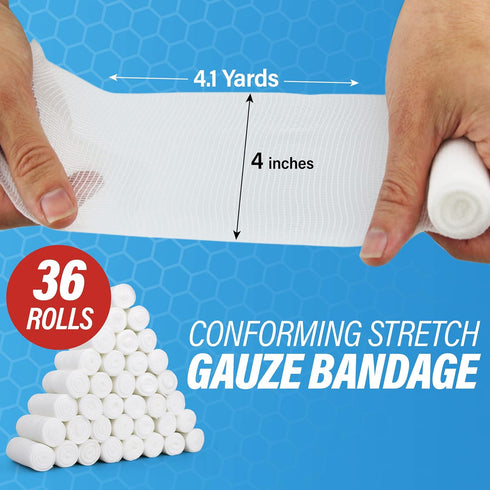 Gauze Bandages – 36 Rolls - Premium First Aid Supplies, Flexible, Stretchable, Breathable, 4” x 4.1 Yards