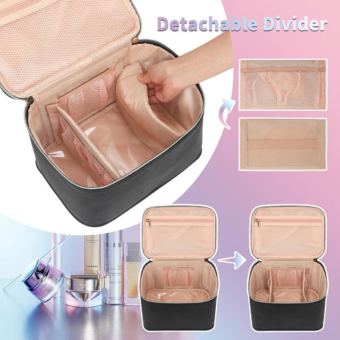 OCHEAL Travel Makeup Bag, Large Makeup Bag Organizer Cosmetic Case with Detachable Brush Divider and Multi-purpose Comparement,Waterproof Portable for Toiletry Accessories Makeup Tools-Black