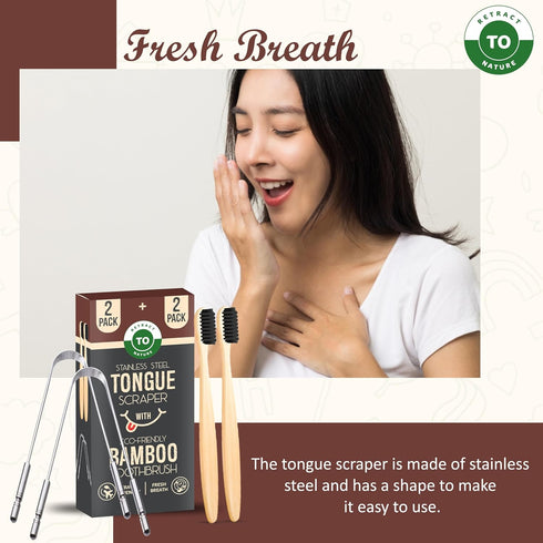 Eco-Friendly Tongue Scraper (2 Pack) with Bamboo Toothbrush (2 Pack) I Stainless Steel Cleaners for Fresher Breath.