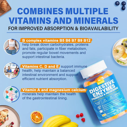 Digestive Enzymes with Probiotic Gummies, 24 Essential Chewable Multi Enzymes - Papaya, Lipase, Amylase, Bromelain, 2