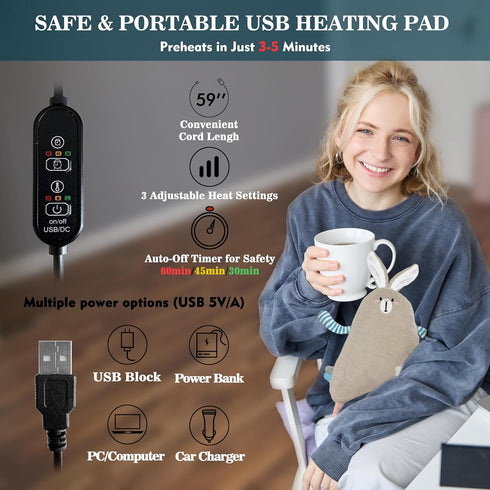 Stuffed Animal Heating Pad for Period Cramps, Cute Plush Gift for Teen Girls, USB Powered Heat Pad