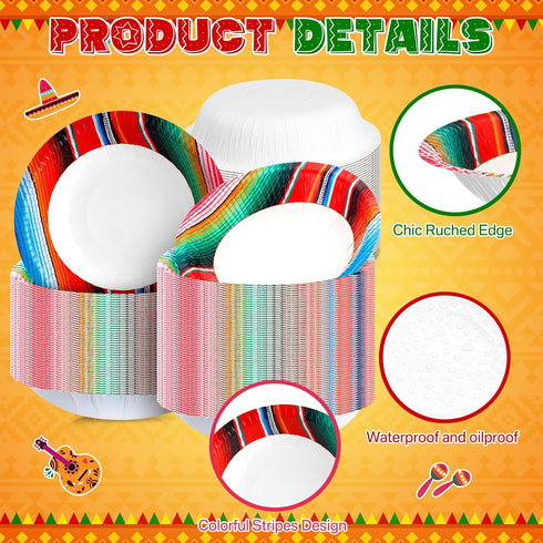 Domensi 16 oz Mexican Serape Paper Bowls, Cinco De Mayo Fiesta Stripes, Disposable Soup Bowls, 100 Pcs