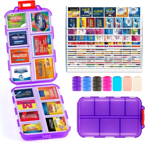PILABEL Travel Pill Organizer with Bulk Stickers & Labels - Small & Portable