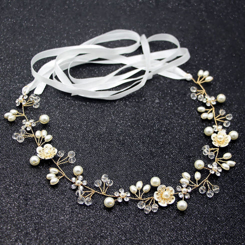 Wedding Hair Accessories for Kids, Gold Flower Girl Headband with White Flower and Pearl for Bridal Hair