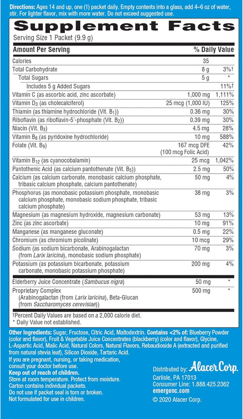 Emergen-C Immune+ Vitamin C 1000mg, 18 Count, Elderberry Dietary Supplement Fizzy Drink Mix Powder Packets