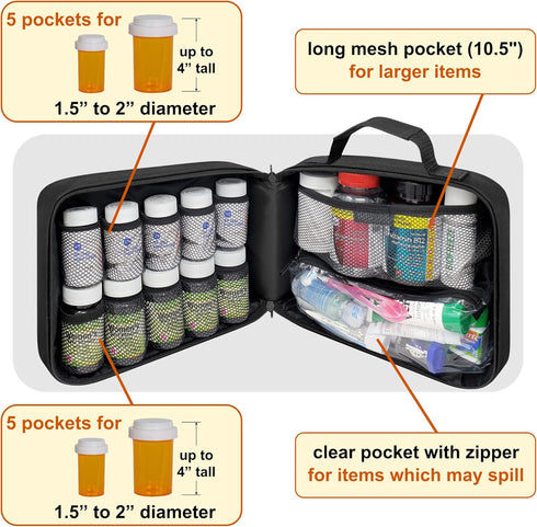 Pack 2 10 of - Large Medicine Organizer Bag - Pocket Pill Bottle Organizer for Travel & Home Storage, Black