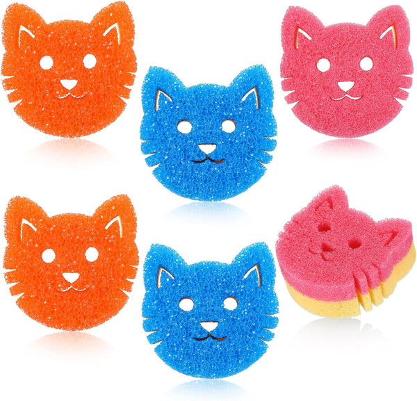 6 Pcs Cat Dual Sided Scrub Sponge Cleaning Sponges, Cute Temperature Sensitive Dish Sponges
