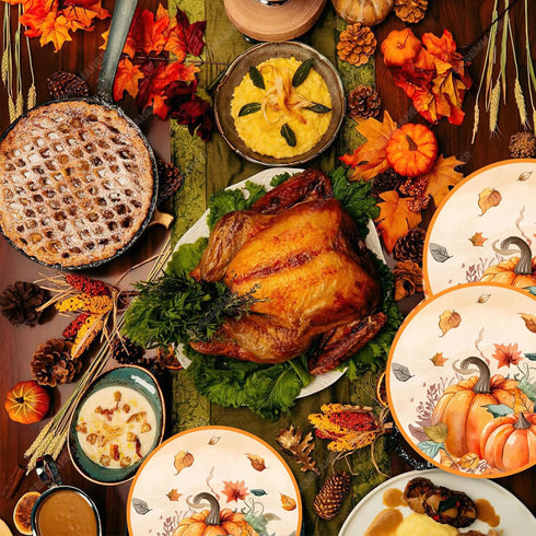 YLOIJO 7'' Set 24 Thanksgiving Maple Leaves Pumpkin Paper Plates for Fall, Disposable Dinnerware Autumn Harvest Happy
