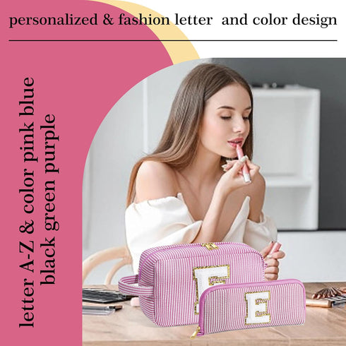 Birthday Gifts for Women, Personalized Monogram Initial Pink Makeup Bag, Cute Cosmetic Pouch for Her