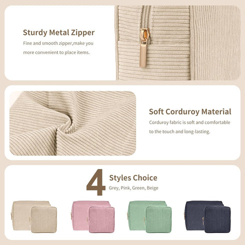 MAGEFY 2 Pcs Corduroy Makeup Bag, Small Travel Pouch with Slip-in Pockets for Women (Beige)
