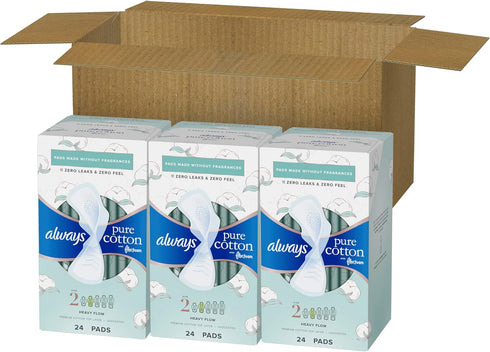 Always Pure Cotton Feminine Pads for Women, FlexFoam Pads with Wings, Size 2, Heavy Absorbency, Unscented, 72 Count