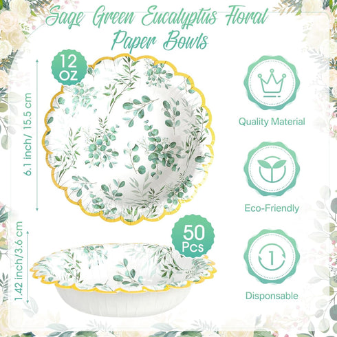 50 Pcs 12 oz Sage Green Disposable Bowls Bulk, Eucalyptus Paper Bowl for Baby Shower Wedding Party Supplies