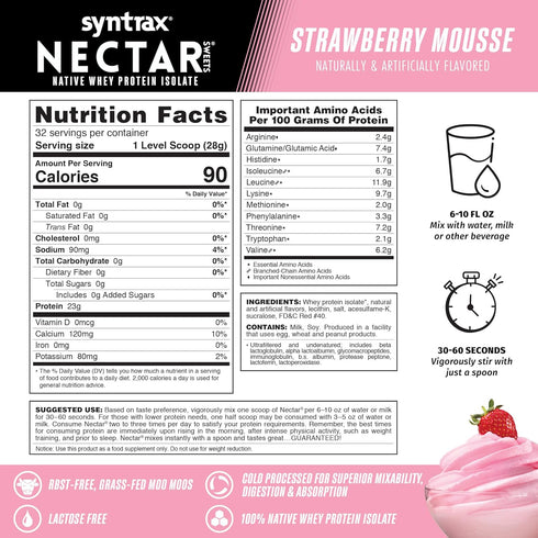 Syntrax Nutrition Nectar Sweets, 100% Whey Isolate Protein Powder, Strawberry Mousse, 2 lbs