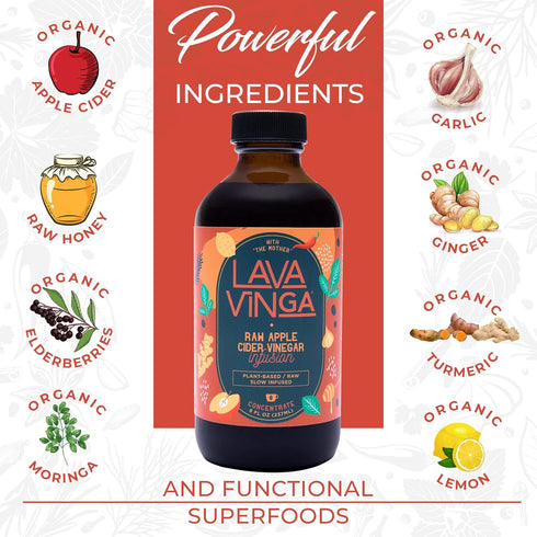 VINGA 8 oz., Immune 92 Lava Raw Apple Cider Vinegar Fire Cider with Cold Pressed Moringa Oleifera, Natural Cold and Flu