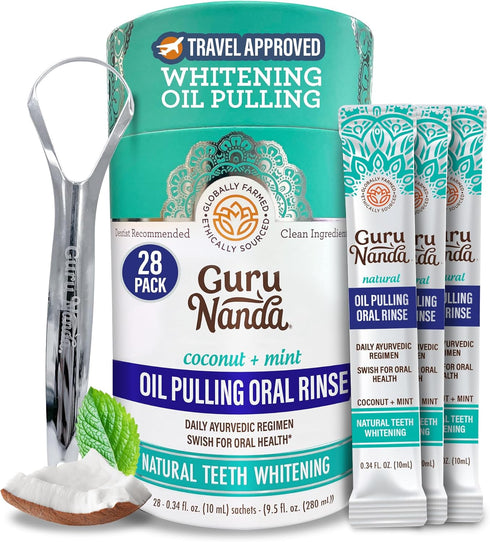 GuruNanda Travel Sachets Coconut Oil Pulling, 28 Pack of Essential Oils & Vitamins for Fresh Breath & Whitening