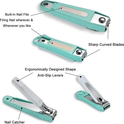PAFASON Nail Clipper Set with Nail Catcher & Czech Float Glass Nail File Super Sharp for Fingernail & Toenail Clippers for Men & Women