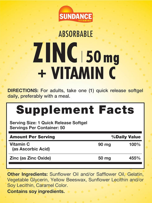 Sundance Absorbable Zinc with Vitamin C | 50mg | 50 Softgels | Essential Nutrients | Non-GMO and Gluten Free Supplement