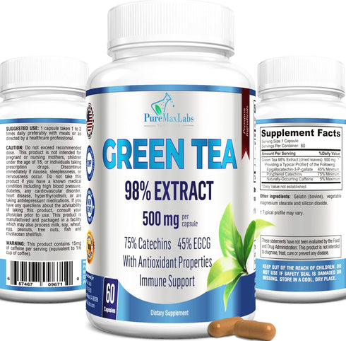 Green Tea Extract 98% - 3X Strength, 75% Polyphenol Catechins, 60 Capsules Super Antioxidant