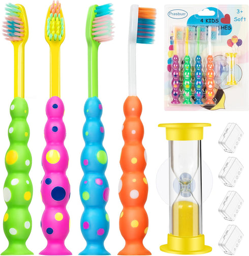 Soft Kids Toothbrushes with Suction Timer - Flossing Bristles, Toddler Toothbrush Set for Ages 3-10, Pack of 4