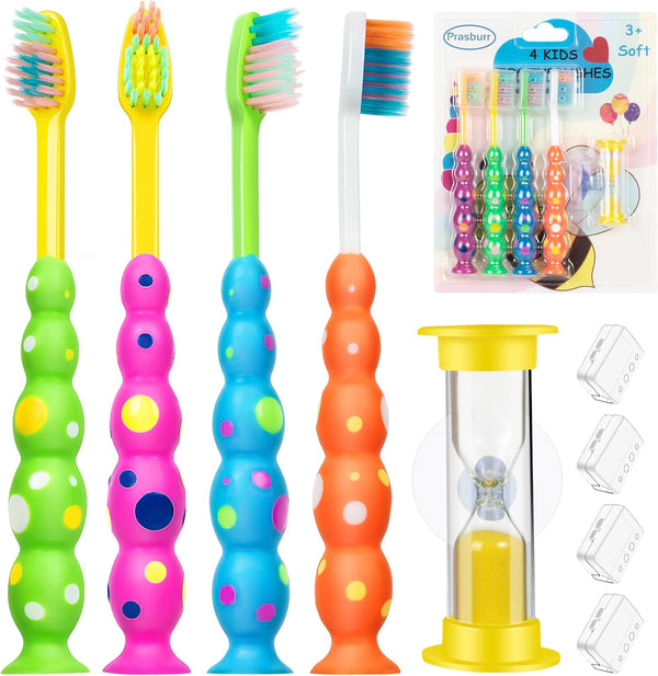 Soft Kids Toothbrushes with Suction Timer - Flossing Bristles, Toddler Toothbrush Set for Ages 3-10, Pack of 4