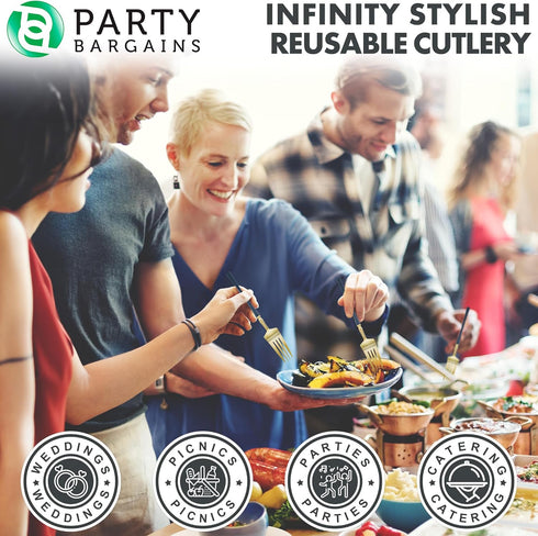 Party Bargains Disposable Plastic Navy Gold Salad Forks, Infinity Modern Design Utensils, 20 Pack