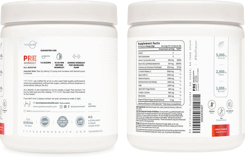 Ultra Clean Stim Free Pump Pre Workout + Nitric Oxide Booster (Fruit Punch) - Sugar/Caffeine Free Natural Non-Stim