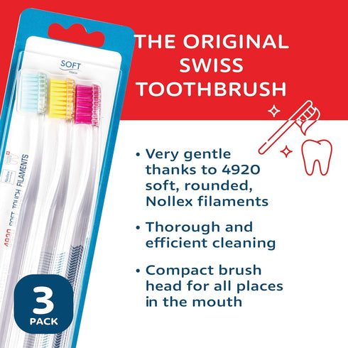 TELLO 4920 Adult Soft Swiss Toothbrush, Gentle Cleaning with Ergonomic Handle, 3 Count