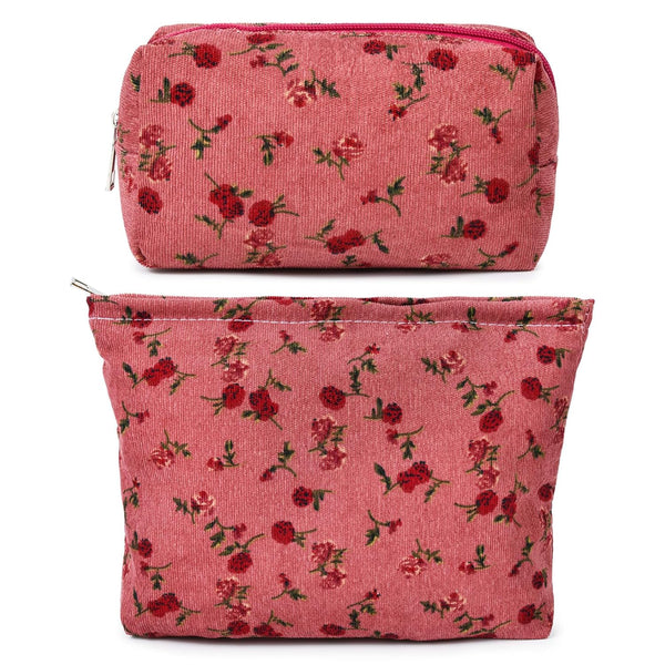 2 Pieces Red Rose Makeup Bag, Large Capacity Canvas Travel Toiletry Bag Organizer for Women