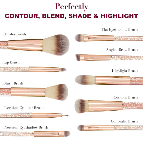 Expressions 10pc Pro Makeup Brush Set with Sparkling Gemstones in Rose Gold, Soft Bristle Brushes for Everyday Use