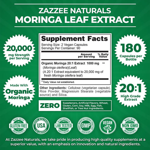 Zazzee Organic Moringa 20:1 Extract, 20,000 mg Strength, 180 Vegan Capsules, 100% Pure Oleifera Leaf