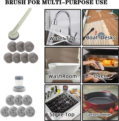 Stainless Steel Wool Brush Dish Scrubber with Handle, Set of 16 Replacement Heads for Kitchen Cleaning Metal Dish
