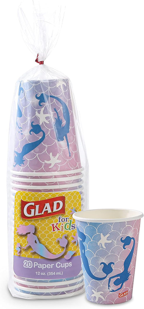 Glad for Kids Mermaid Theme Disposable Paper Cups, Heavy Duty Soak Proof Design for Drinking, 9 Ounce, 20 Count