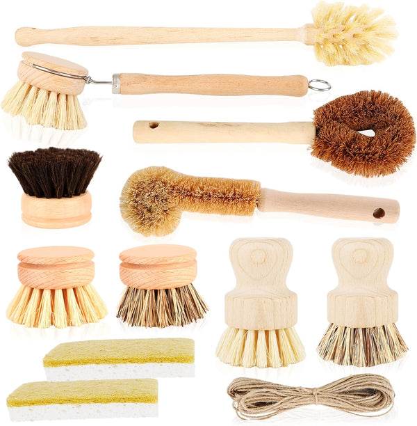 Swakuta 12 Pcs Bamboo Dish Brush Set with 65 Ft Hemp Rope Wooden