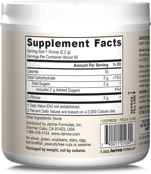 Jarrow Formulas D-Ribose 2 Grams, Dietary Supplement, 7.05 oz, Fitness Support, Muscle Recovery
