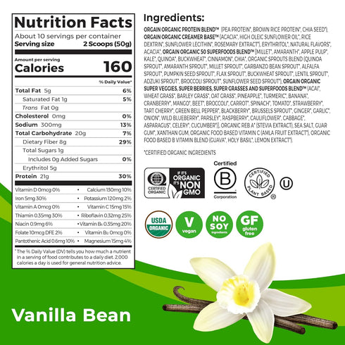 Orgain Organic Vegan Protein + 50 Superfoods Powder, Vanilla Bean - 21g Plant Based Protein, 8g Prebiotic Fiber, No Lactose Ingredients, Gluten Free, No Added Sugar, 1.12 lb (Packaging May Vary)