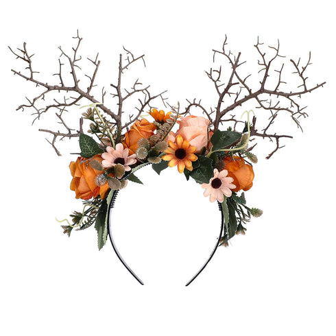 MOSTORY Handmade Deer Antler Flower Headband, Tree Branch Crown Headpiece, Orange Rose Floral Hair Band for Women