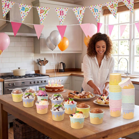 Jingmore 60 Pack 4 oz 5 Summer Ice Cream Paper Cups with Lids Disposable Ice Cream Bowls Paper Treat Dessert Cups Color