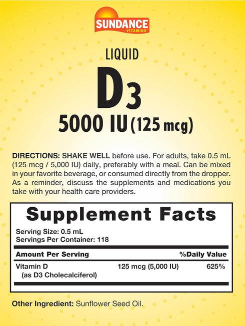 Vitamin D3 5000 IU (125mcg) | 2 Fluid Ounces | Essential Vitamin Liquid Drops | Vegetarian, Non-GMO, and Gluten Free Supplement | by Sundance