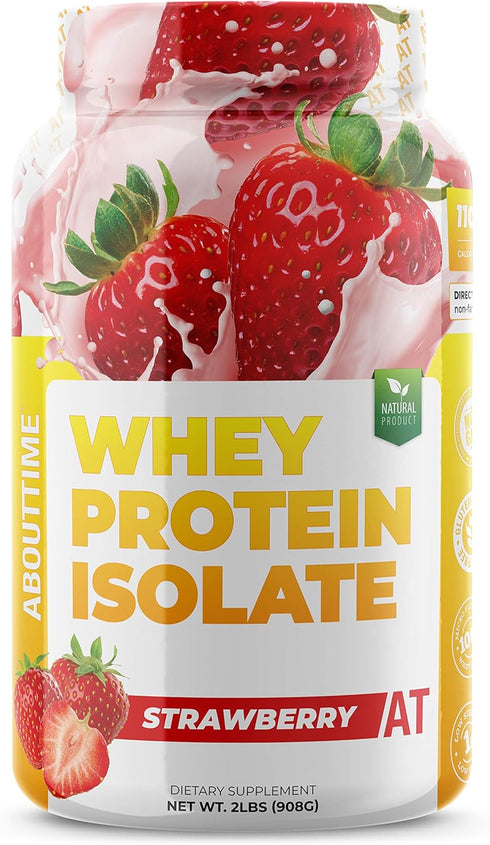 About Time Whey Protein Isolate, Strawberry, 2lb - 25g Protein, Non-GMO, 32 Servings