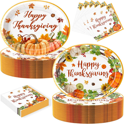YJOY 100Pcs Thanksgiving Oval Paper Plates and Napkins Set, 10" x 12" Party