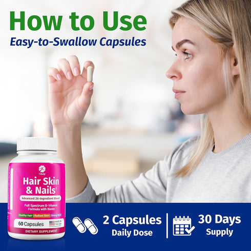 1 Body Hair Skin and Nails Vitamins with Biotin – 60 Vegan Capsules – 26 Vitamins, Minerals and Herbal Extracts