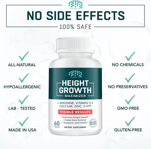 Height Growth Maximizer, Calcium, Vitamin D3 and Zinc Blend Pills, Bone Growth Supplement for Kids and Teens, 60 Caps