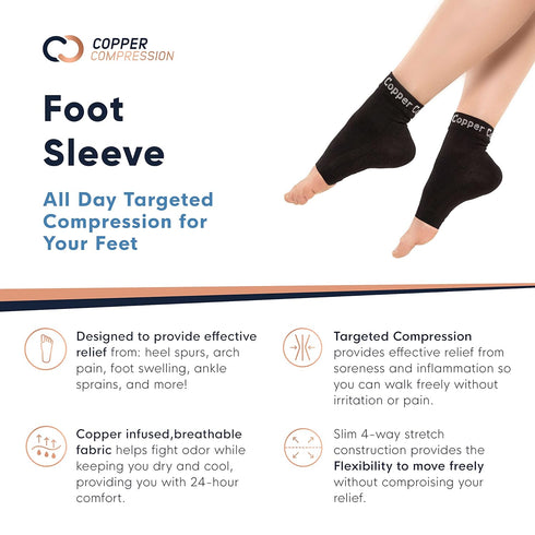 Copper Compression Foot Sleeves - Plantar Fasciitis, Achilles, Ankle Support Brace Socks, 1 Pair Black - S/M