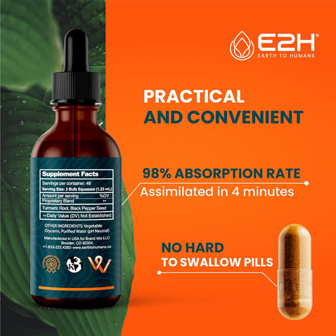 E2H Liquid Turmeric Curcumin for Better Absorption - Natural Joint Support - Turmeric Root Extract with Black Pepper