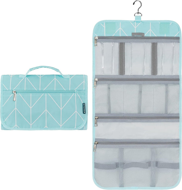 PAVILIA Hanging Toiletry Bag for Women Men, Waterproof Travel Kit Organizer, Roll Up Makeup Bag Accessories (Teal
