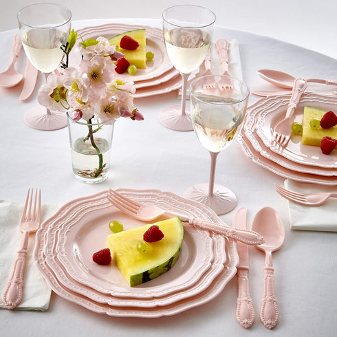 SILVER SPOONS Vintage Embossed Plastic Dessert Plates for Party (20 PC) Heavy Duty Disposable Dinner Set 7.5", Fine China Look Dishes, Perfect for Baby Showers, Celebrations & Events. - Blush by Silver Spoons