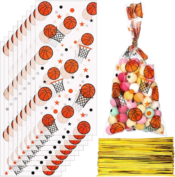 Zonon 100 Pieces Basketball Candy Party Bags with 150 Pieces Gold Twist Ties for Sports Treat Favors